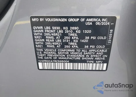 2024 Volkswagen Atlas 2.0T Sel Premium R-Line z USA, uszkodzony, nr VIN 1V2FR2CA7RC595004